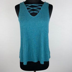 Arizona Jeans Juniors M Ribbed Knit Criss Cross Dip Neck Swing Flowy Tank Top